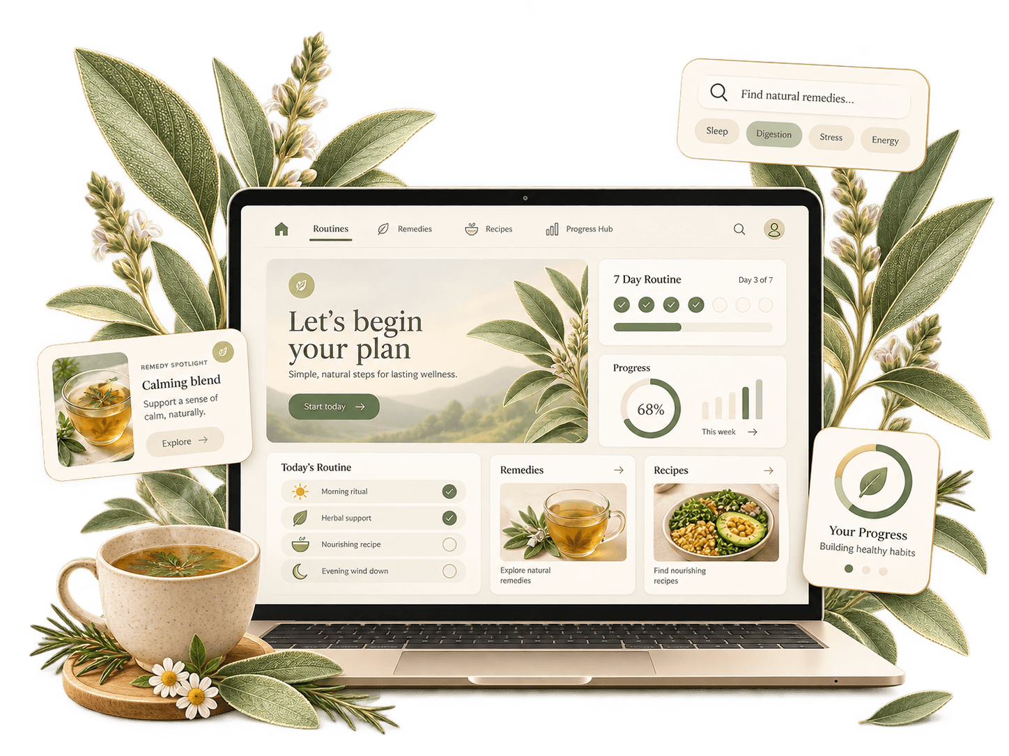 Natural app screens showing routines, recipes, remedies, and progress